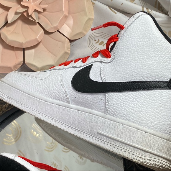 Air Force Ones Nike White and Black Athletic Shoes with Red Accents main image 7